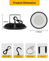 UFO High Bay LED Shop Lights UL Listed 300W, 33,000Lm 5000K, with US Hook and U Bracket Mounting